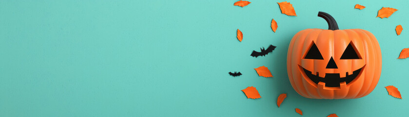 Halloween party scene, jack-o'-lanterns as decorations, flat design illustration