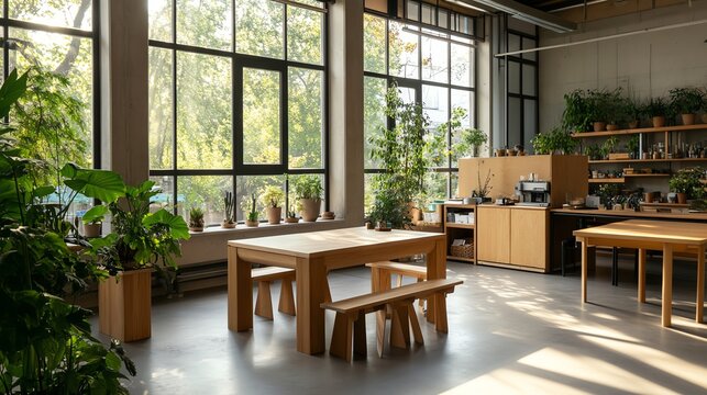 Classroom filled with green plants and natural light, eco-friendly learning space - Powered by Adobe