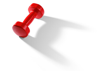 A red dumbbell with bright highlights casts a long shadow on the background. Isolated on a transparent background.