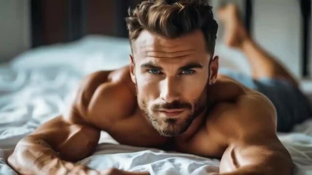 handsome men lying on bed looking at camera 