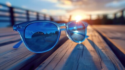 Close-up of stylish blue reflective sunglasses on wooden table at sunset, capturing summer vibes