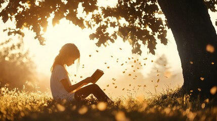 Girl reading a book under a tree, peaceful and reflective learning