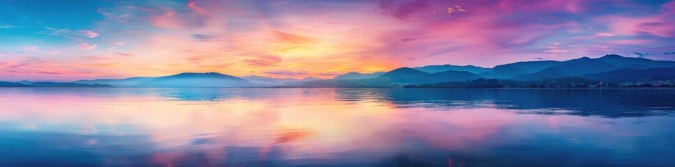 sunset, landscape, lake, mountains, reflections, nature, colors, serene, tranquility, atmospheric, vivid, dramatic, peaceful scene at dusk, beautiful color gradient in the sky, mesmerizing view of wa