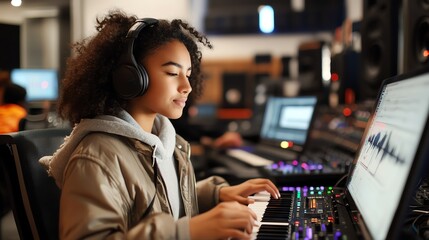 Students creating digital music tracks, technology and music fusion