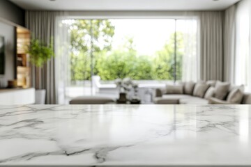 Fototapeta premium White marble kitchen tabletop or kitchen island with copy space over blurred comfortable living room with generative ai