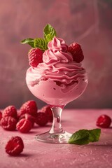 Raspberry ice cream with fruit closeup view