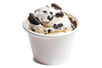 Close-up of a vanilla ice cream scoop with chocolate cookies in a white cup, highlighting a tasty dessert option.