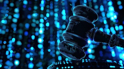 Digital gavel on a blue abstract background showcasing technology, law, and justice in a futuristic style, perfect for concepts related to legal innovations and digital frameworks