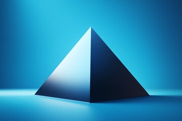 Fototapeta premium Sleek metallic pyramid on a blue gradient background, showcasing geometric simplicity and modern design in a serene setting.