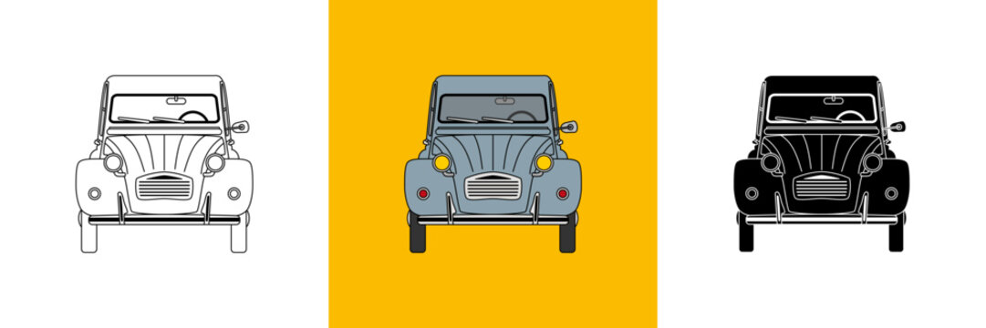 3 versions de la voiture vintage fran&ccedil;aise : la 2CV - couleur grise, contour noir et silhouette noire.

