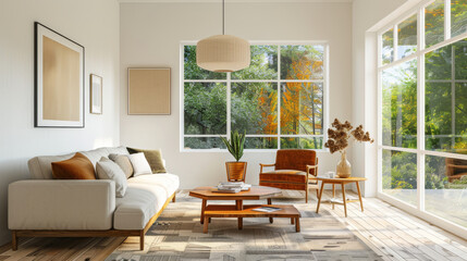 A bright living room with mix of modern and vintage elements, featuring cozy sofa, stylish chairs, and large windows that invite natural light and showcase beautiful outdoor view