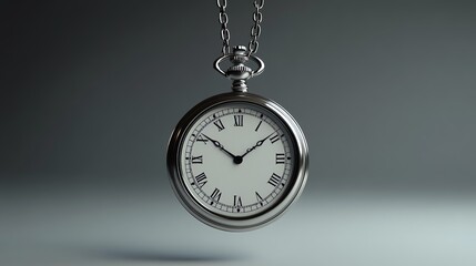Elegant vintage pocket watch with a classic Roman numeral clock face, hanging on a silver chain against a neutral background.