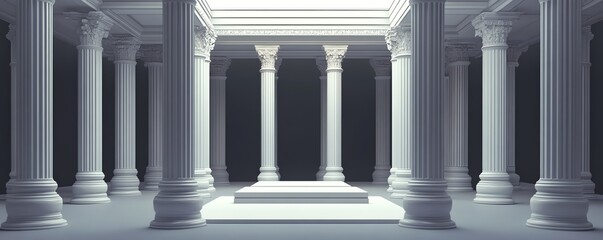 Obraz premium Elegant architectural scene featuring classical columns and pillars, bathed in soft light, creating a timeless and refined ambiance.