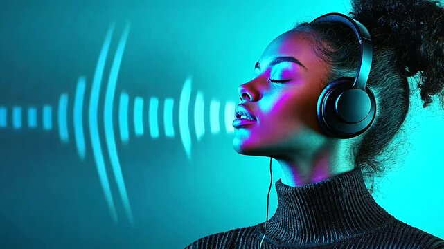 A serene listener with headphones on, with sound waves radiating outward