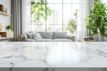 Fototapeta premium White marble kitchen tabletop or kitchen island with copy space over blurred comfortable living room with generative ai