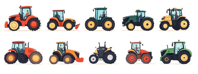 Set of vector illustrations, simple flat design cartoon-style illustrations of different tractors and farm equipment, white background, colorful, minimalistic, high resolution