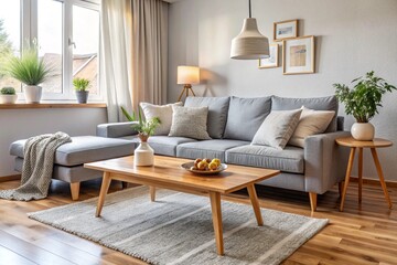 Fototapeta premium Interior of light living room with cozy grey sofa and wooden coffee table