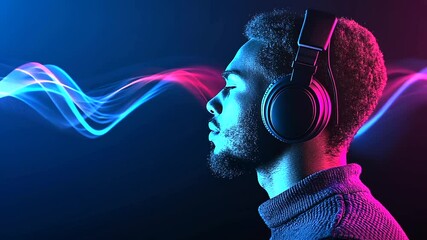 A listener enjoying a podcast with headphones, as dynamic sound waves flow around