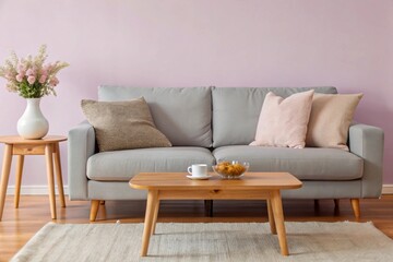 Fototapeta premium Interior of light living room with cozy grey sofa and wooden coffee table