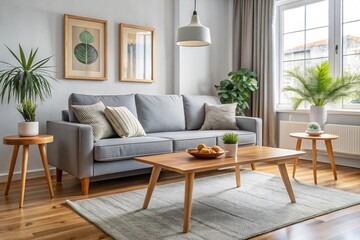 Interior of light living room with cozy grey sofa and wooden coffee table