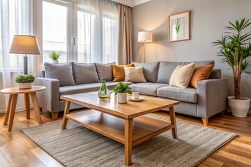 Fototapeta premium Interior of light living room with cozy grey sofa and wooden coffee table