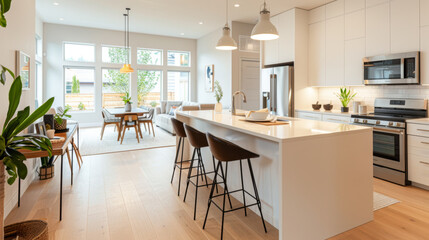 A spacious kitchen featuring an island, bar stools, and modern appliances creates welcoming atmosphere. open layout connects to cozy dining area, enhancing homes charm