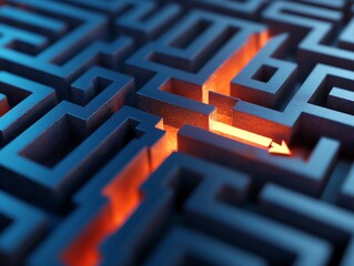 Glowing pathway in a dark maze symbolizing finding a way, guidance, or a breakthrough in a complex problem or situation.