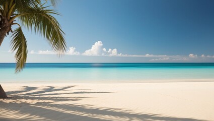 Pristine tropical beach with turquoise ocean, clear blue sky, and palm tree shadow on white sand, evoking tranquility and a perfect beach day, generative ai