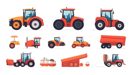 Set of vector illustrations, simple flat design cartoon-style illustrations of different tractors and farm equipment, white background, colorful, minimalistic, high resolution