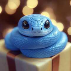 Fototapeta premium Playful blue snake coiled on a gift box surrounded by glowing lights