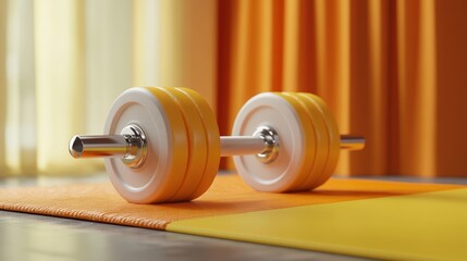 A yellow dumbbell lies on an orange mat, with a window behind it.