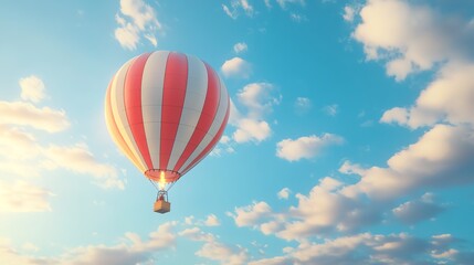 Naklejka premium A colorful hot air balloon soars in a bright blue sky filled with fluffy white clouds, capturing the essence of freedom and adventure.