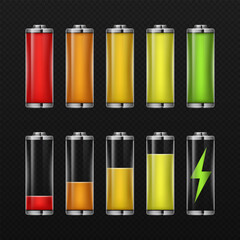 Realistic set of battery charge indicators. Various level energy accumulator indicator icons.