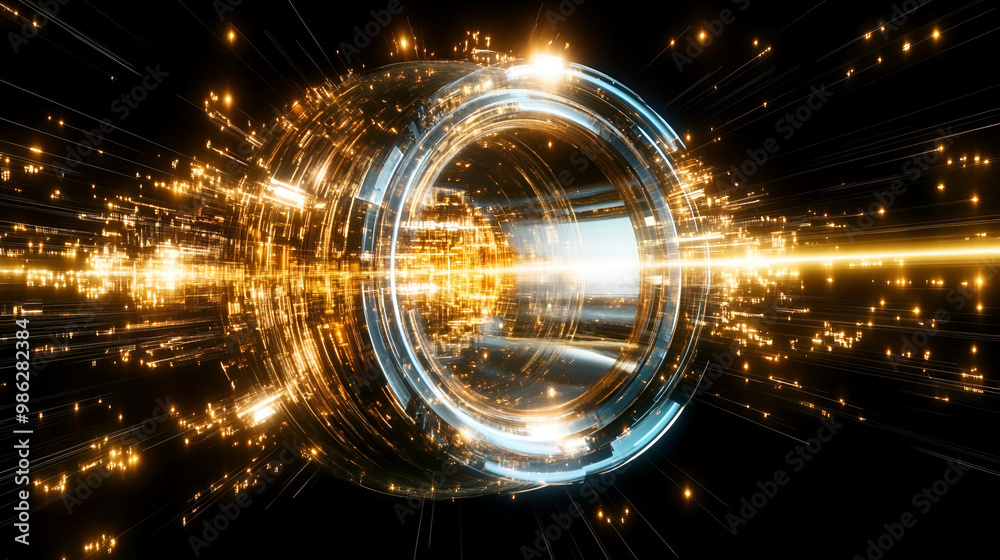 Poster a futuristic abstract representation of light trails and glowing particles swirling around a central