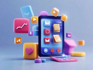3D illustration of vibrant mobile apps with icons, displaying various functionalities on a smartphone in a technology-themed setting.