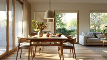 Inviting dining area with wooden table, stylish chairs, and natural light creating warm atmosphere. Perfect for gatherings and family meals