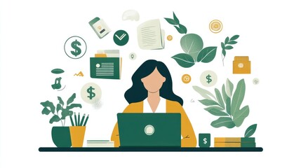 Sustainable finance icons surround a woman at her desk, emphasizing responsible investment.