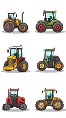 Set of vector illustrations, simple flat design cartoon-style illustrations of different tractors and farm equipment, white background, colorful, minimalistic, high resolution
