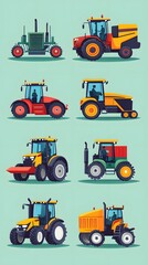 Obraz premium Set of vector illustrations, simple flat design cartoon-style illustrations of different tractors and farm equipment, white background, colorful, minimalistic, high resolution