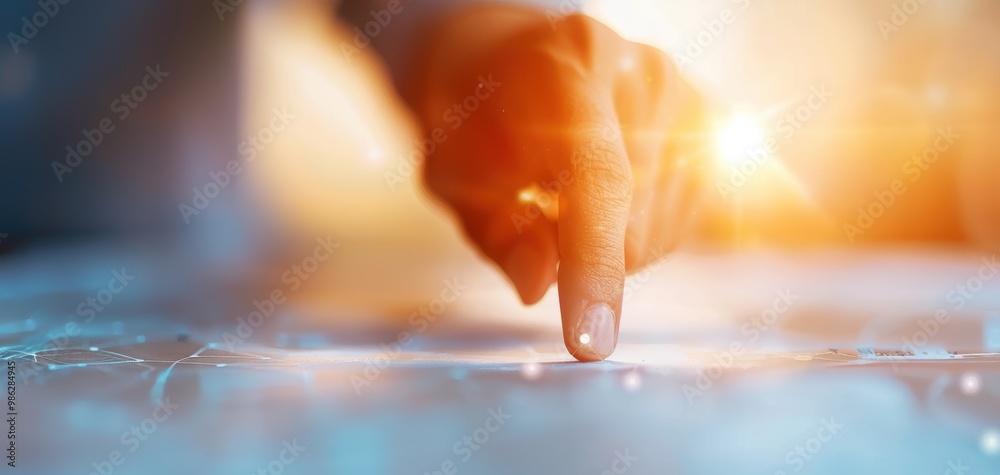 Poster A close-up of a hand interacting with a digital interface, symbolizing technology and innovation in a modern context.