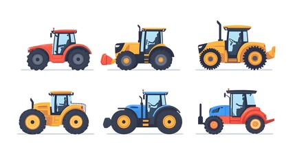 Naklejka premium Set of vector illustrations, simple flat design cartoon-style illustrations of different tractors and farm equipment, white background, colorful, minimalistic, high resolution