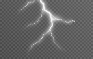 Lightning on an isolated transparent background. Flash of light, lightning png. Thunderstorm, natural phenomenon. Effect lightning png. Vector illustration.
