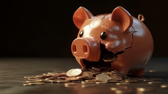 Broken piggy bank with scattered coins, symbolizing financial challenges, savings, and economic hardship.
