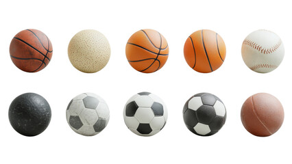 Set of sports balls including soccer, basketball, tennis, and baseball isolated on transparent background, PNG file