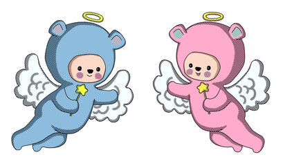 Little  bears angels  baby , couple angels  wish you Merry Christmas and happy new year greeting card. retro style . halftone print. cute character .  transparent background. 