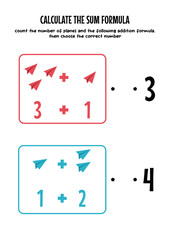 worksheet for kids, learn to add numbers with the help of paper airplane illustrations, choose the right number