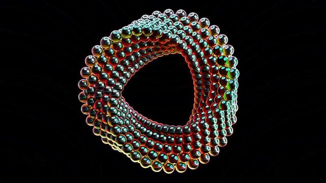 Abstract illustration of small iron balls attached to form a triangle and moving in a regular way on a black background