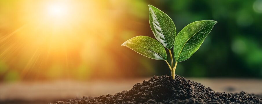 A vibrant green sapling emerges from rich soil, illuminated by warm sunlight, symbolizing growth and new beginnings.