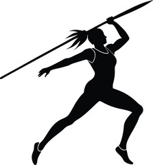 Woman javelin thrower silhouette, vector drawing illustration on black and white.