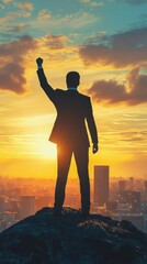 Fototapeta premium Silhouette of a triumphant businessman standing on a mountain peak against a beautiful sunset over the city skyline.